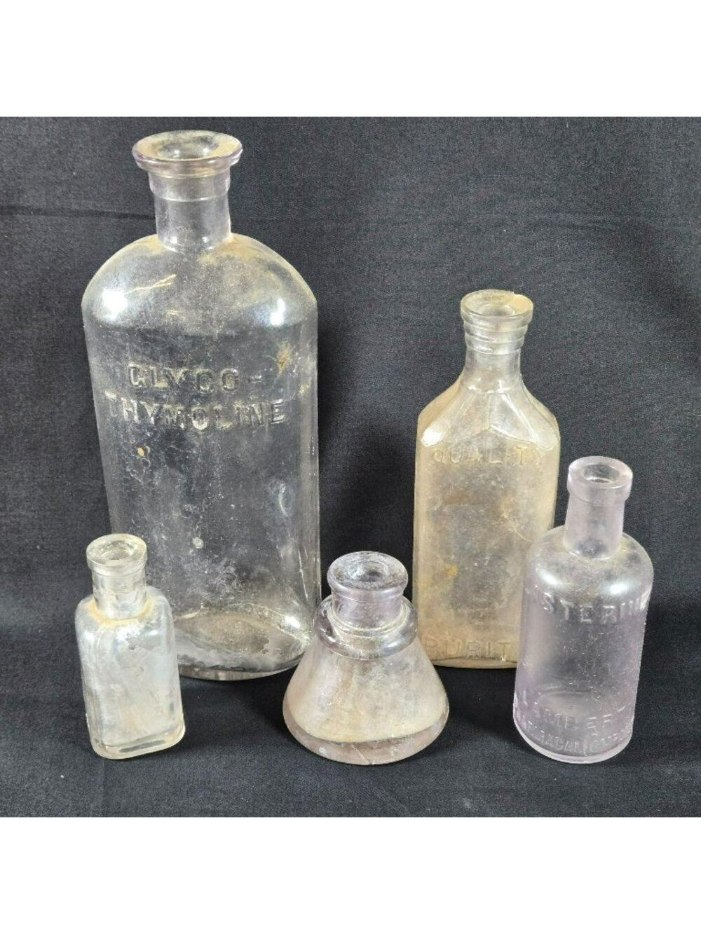 Antique Pharmacy Medicine Bottle Lot (5) Clyco Thymoline Listerine Ink Well